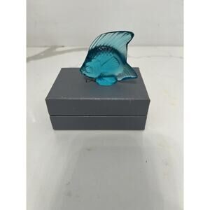 Lalique Cobalt Blue Crystal Glass Fish Figurine 2x2" Box w/ Pouch Vintage France